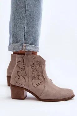 Zazoo Botki Skórzane|Botki Na Słupku*3426 Damskie Zamszowe Botki Kowbojki Cappucino