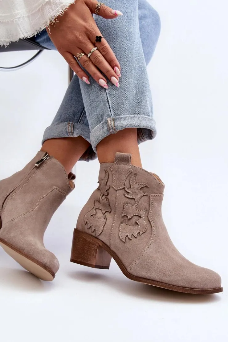 Zazoo Botki Skórzane|Botki Na Słupku*3426 Damskie Zamszowe Botki Kowbojki Cappucino