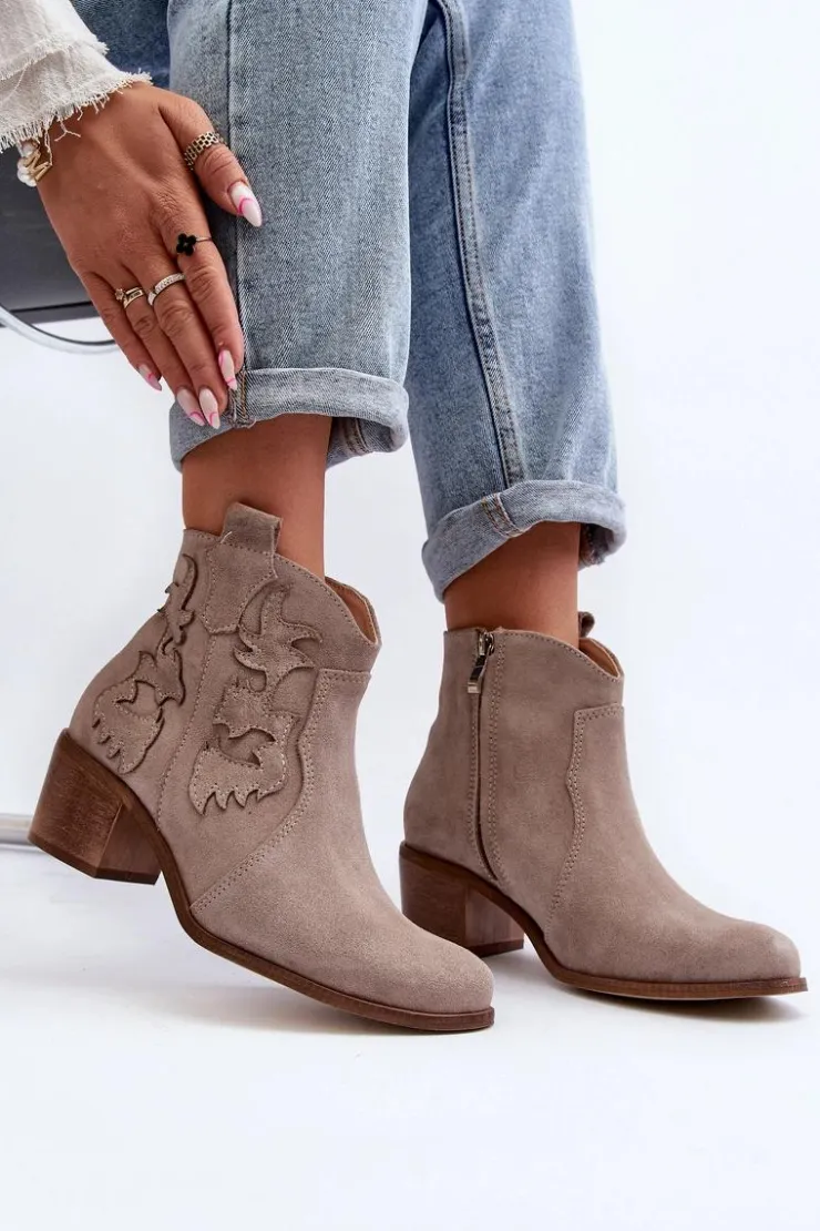 Zazoo Botki Skórzane|Botki Na Słupku*3426 Damskie Zamszowe Botki Kowbojki Cappucino