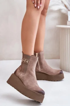 Damskie Zazoo 60498 Damskie Zamszowe Botki Sztyblety Na Platformie I Koturnie Beżowe