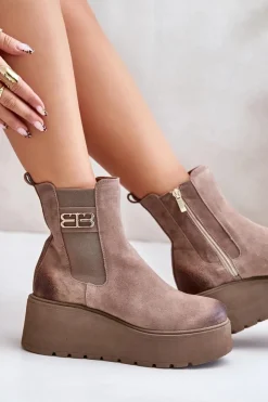 Damskie Zazoo 60498 Damskie Zamszowe Botki Sztyblety Na Platformie I Koturnie Beżowe