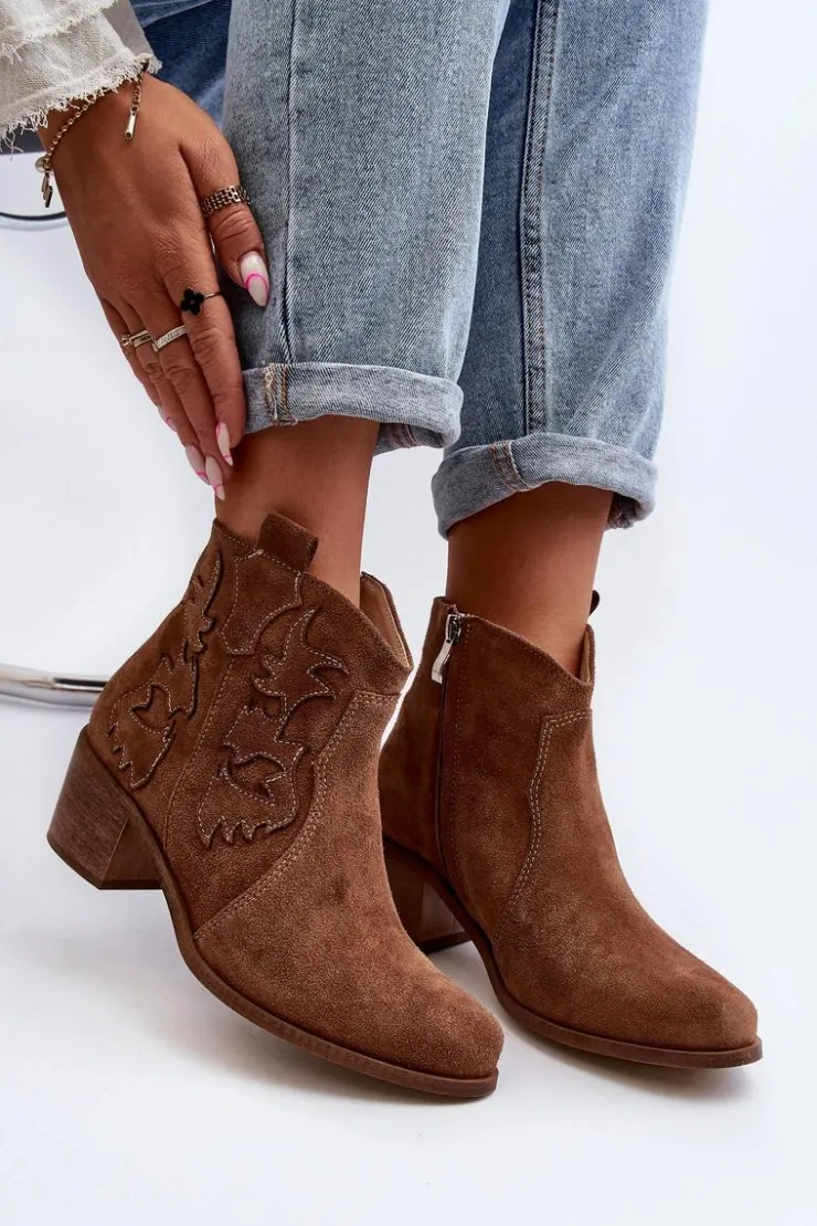 Hot Zazoo 3426 Damskie Zamszowe Botki Kowbojki Brązowe