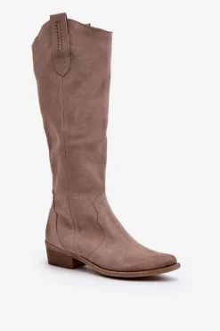 Zazoo Kozaki Wiosenne|Kozaki Przed Kolano*3427 Damskie Zamszowe Kozaki Kowbojki Cappuccino
