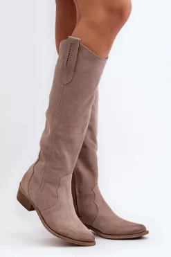 Zazoo Kozaki Wiosenne|Kozaki Przed Kolano*3427 Damskie Zamszowe Kozaki Kowbojki Cappuccino