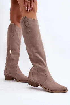 Zazoo Kozaki Wiosenne|Kozaki Przed Kolano*3427 Damskie Zamszowe Kozaki Kowbojki Cappuccino