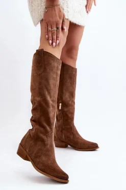 Zazoo Kozaki Wiosenne|Kozaki Przed Kolano*3427 Damskie Zamszowe Kozaki Kowbojki Brązowe