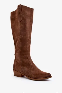 Zazoo Kozaki Wiosenne|Kozaki Przed Kolano*3427 Damskie Zamszowe Kozaki Kowbojki Brązowe