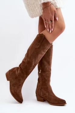 Zazoo Kozaki Wiosenne|Kozaki Przed Kolano*3427 Damskie Zamszowe Kozaki Kowbojki Brązowe