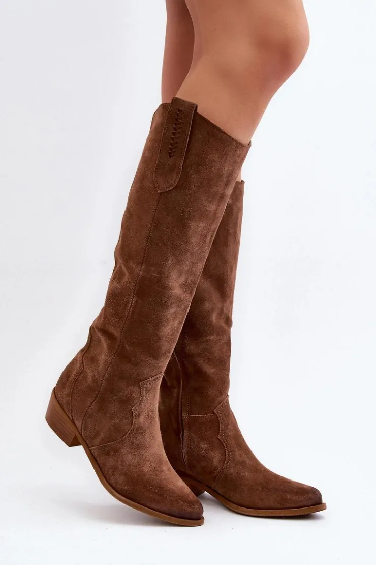 Zazoo Kozaki Wiosenne|Kozaki Przed Kolano*3427 Damskie Zamszowe Kozaki Kowbojki Brązowe