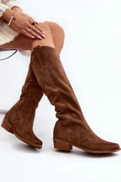 Zazoo Kozaki Wiosenne|Kozaki Przed Kolano*3427 Damskie Zamszowe Kozaki Kowbojki Brązowe