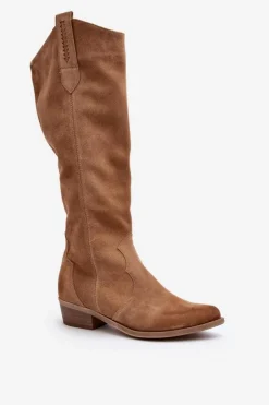 Damskie Zazoo 3427 Damskie Zamszowe Kozaki Kowbojki Beżowe