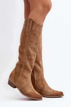 Damskie Zazoo 3427 Damskie Zamszowe Kozaki Kowbojki Beżowe