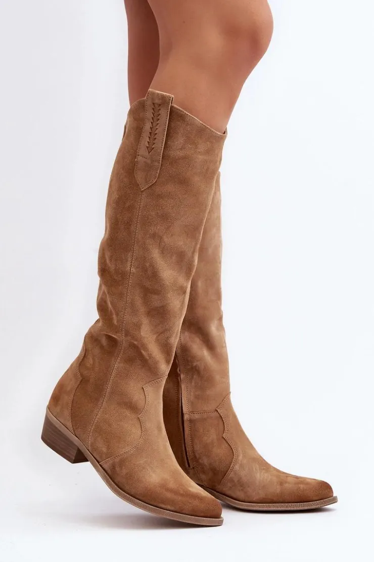 Damskie Zazoo 3427 Damskie Zamszowe Kozaki Kowbojki Beżowe