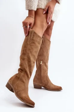 Damskie Zazoo 3427 Damskie Zamszowe Kozaki Kowbojki Beżowe