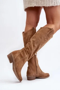 Damskie Zazoo 3427 Damskie Zamszowe Kozaki Kowbojki Beżowe