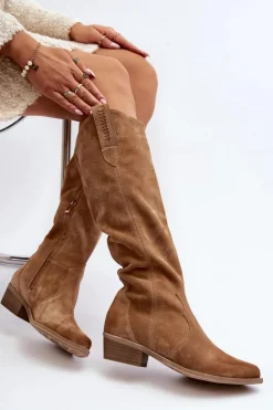 Damskie Zazoo 3427 Damskie Zamszowe Kozaki Kowbojki Beżowe