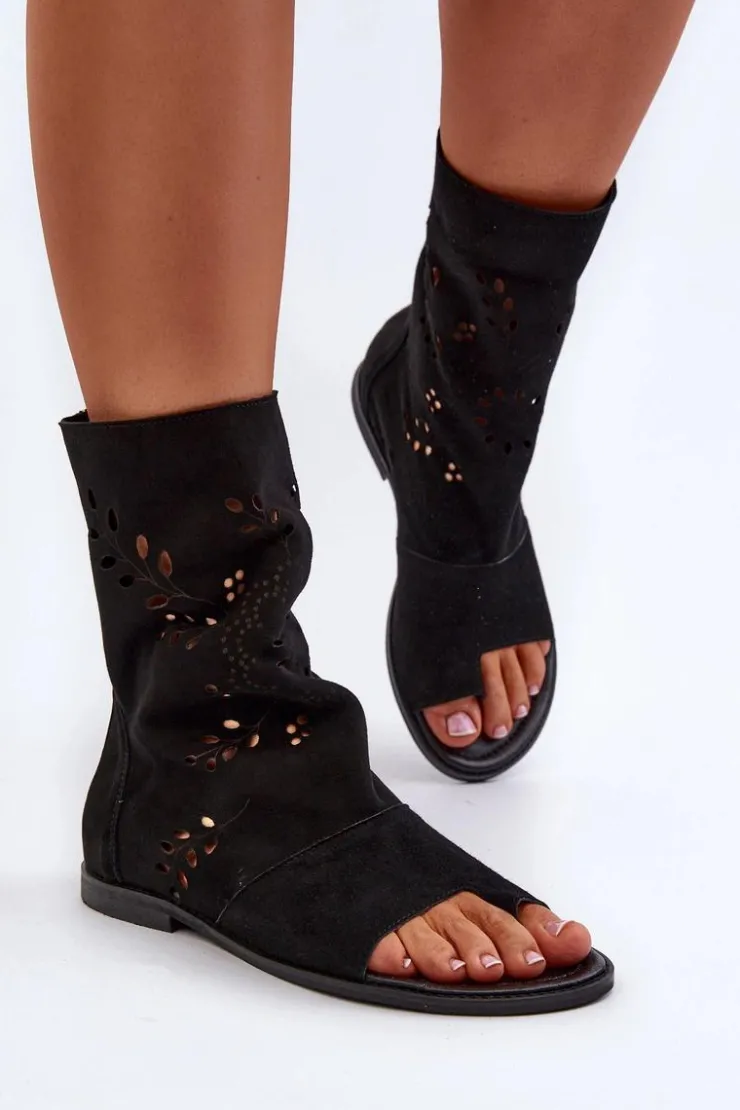 Outlet Boto Zazoo 3437 Damskie Zamszowe Sandały Z Cholewką Na Zamek Czarne Czarny