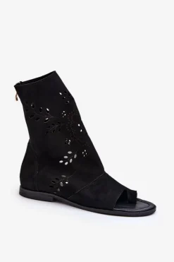 Outlet Boto Zazoo 3437 Damskie Zamszowe Sandały Z Cholewką Na Zamek Czarne Czarny