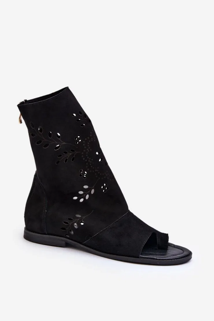 Outlet Boto Zazoo 3437 Damskie Zamszowe Sandały Z Cholewką Na Zamek Czarne Czarny