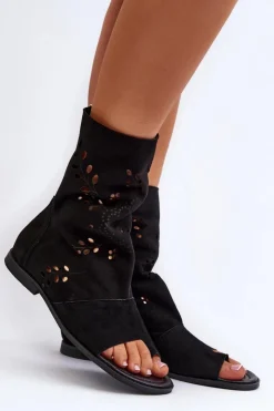 Outlet Boto Zazoo 3437 Damskie Zamszowe Sandały Z Cholewką Na Zamek Czarne Czarny