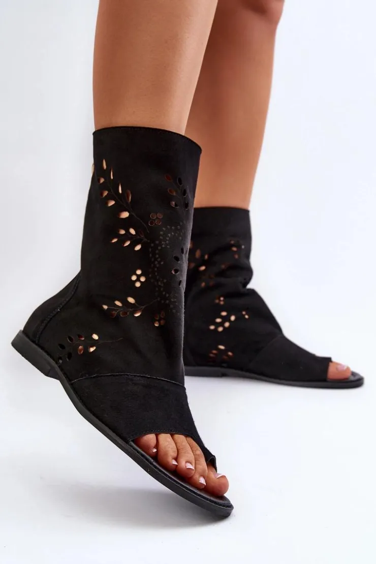 Outlet Boto Zazoo 3437 Damskie Zamszowe Sandały Z Cholewką Na Zamek Czarne Czarny