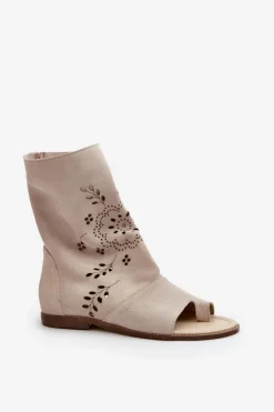 Boto Sandały Z Cholewką|Sandały Płaskie*Zazoo 3437 Damskie Zamszowe Sandały Z Cholewką Na Zamek Jasnobeżowe Beżowy