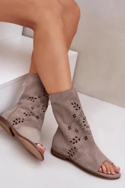 Boto Sandały Z Cholewką|Sandały Płaskie*Zazoo 3437 Damskie Zamszowe Sandały Z Cholewką Na Zamek Beżowe Beżowy