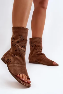 Damskie Boto Zazoo 3437 Damskie Zamszowe Sandały Z Cholewką Na Zamek Brązowe