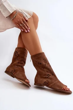 Damskie Boto Zazoo 3437 Damskie Zamszowe Sandały Z Cholewką Na Zamek Brązowe