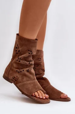 Damskie Boto Zazoo 3437 Damskie Zamszowe Sandały Z Cholewką Na Zamek Brązowe