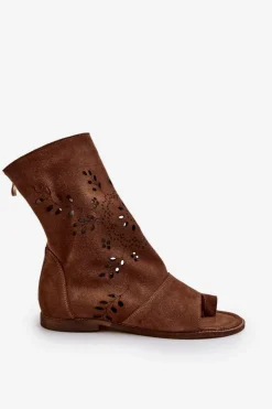 Damskie Boto Zazoo 3437 Damskie Zamszowe Sandały Z Cholewką Na Zamek Brązowe