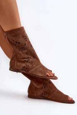 Damskie Boto Zazoo 3437 Damskie Zamszowe Sandały Z Cholewką Na Zamek Brązowe