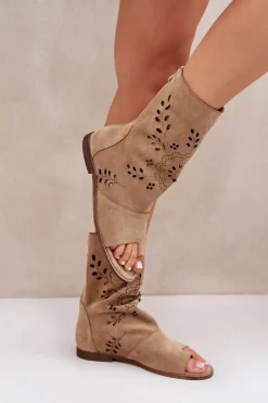 Damskie Boto Zazoo 3437 Damskie Zamszowe Sandały Z Cholewką Na Zamek Beżowe