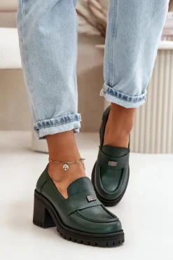 Zazoo Półbuty Skórzane*20168 Eleganckie Półbuty Damskie Na Słupku Skóra Naturalna Ciemnozielone Zielony