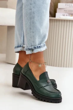 Zazoo Półbuty Skórzane*20168 Eleganckie Półbuty Damskie Na Słupku Skóra Naturalna Ciemnozielone Zielony