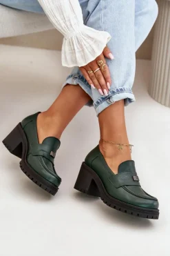 Zazoo Półbuty Skórzane*20168 Eleganckie Półbuty Damskie Na Słupku Skóra Naturalna Ciemnozielone Zielony