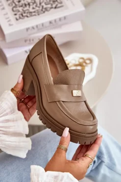 Sale Zazoo 20168 Eleganckie Półbuty Damskie Na Słupku Skóra Naturalna Ciemnobeżowe Beżowy