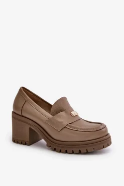 Sale Zazoo 20168 Eleganckie Półbuty Damskie Na Słupku Skóra Naturalna Ciemnobeżowe Beżowy