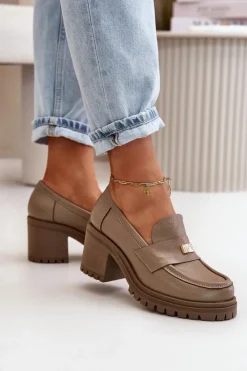 Sale Zazoo 20168 Eleganckie Półbuty Damskie Na Słupku Skóra Naturalna Ciemnobeżowe Beżowy