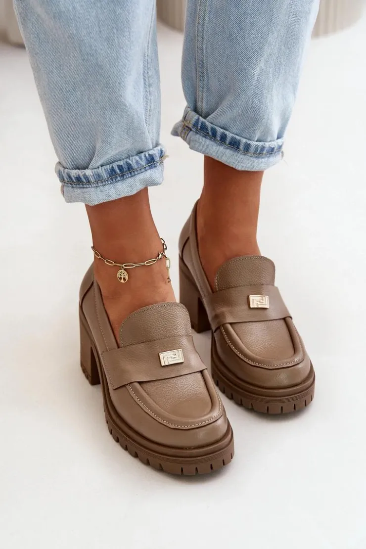 Sale Zazoo 20168 Eleganckie Półbuty Damskie Na Słupku Skóra Naturalna Ciemnobeżowe Beżowy