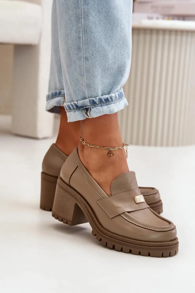 Sale Zazoo 20168 Eleganckie Półbuty Damskie Na Słupku Skóra Naturalna Ciemnobeżowe Beżowy