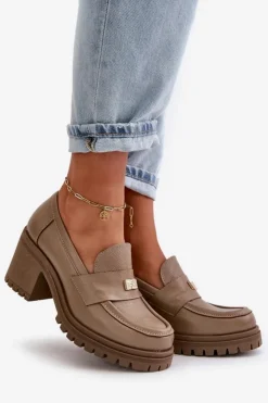 Sale Zazoo 20168 Eleganckie Półbuty Damskie Na Słupku Skóra Naturalna Ciemnobeżowe Beżowy