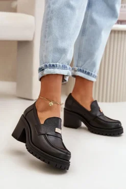 Zazoo Półbuty Skórzane*20168 Eleganckie Półbuty Damskie Na Słupku Skóra Naturalna Czarne Czarny