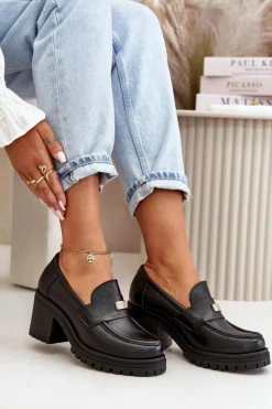 Zazoo Półbuty Skórzane*20168 Eleganckie Półbuty Damskie Na Słupku Skóra Naturalna Czarne Czarny