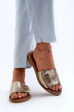 Hot Zazoo 40384 Eleganckie Skórzane Klapki Damskie Złote Złoty