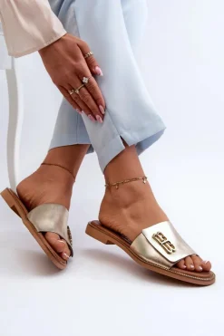 Hot Zazoo 40384 Eleganckie Skórzane Klapki Damskie Złote Złoty