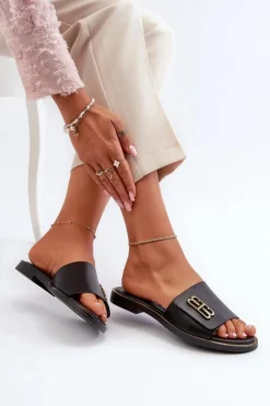 Damskie Zazoo 40384 Eleganckie Skórzane Klapki Damskie Czarne