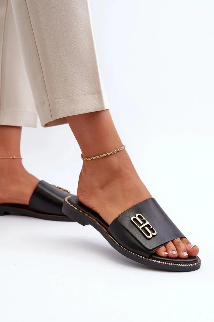 Damskie Zazoo 40384 Eleganckie Skórzane Klapki Damskie Czarne