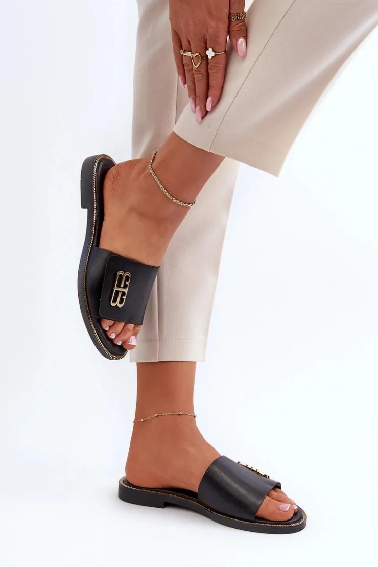 Damskie Zazoo 40384 Eleganckie Skórzane Klapki Damskie Czarne