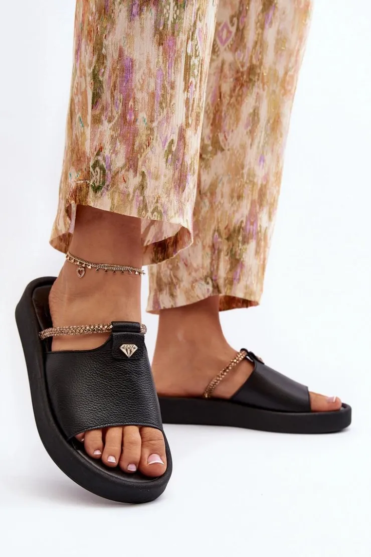 Damskie Zazoo 2896 Klapki Damskie Skórzane Czarne